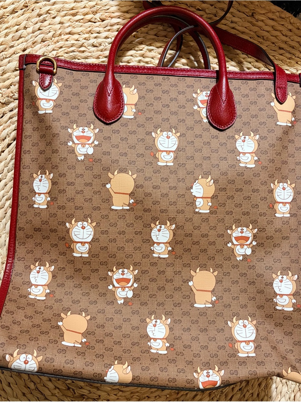 GuccixDORAEMON Vintage Mini GG Supreme Monogram Medium Tote Bag Beige Cherry Red - Picture 8 of 16